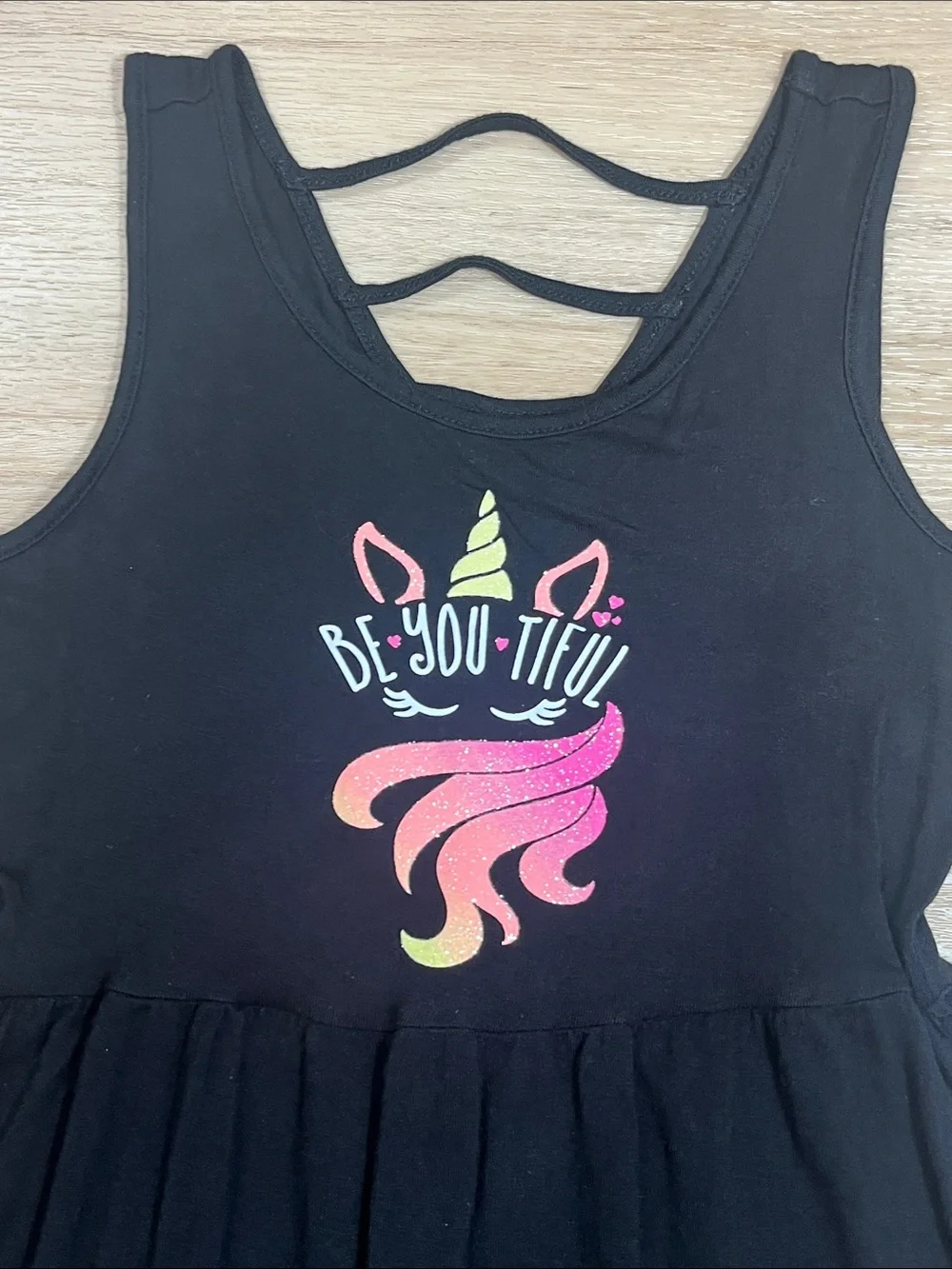 Justice Girls Black Sleeveless Tank Dress with Unicorn Be-YOU-tiful, size 6/7